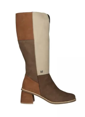 Brown/Beige Suede High Heel Boots with Mid Heel and Top Opening