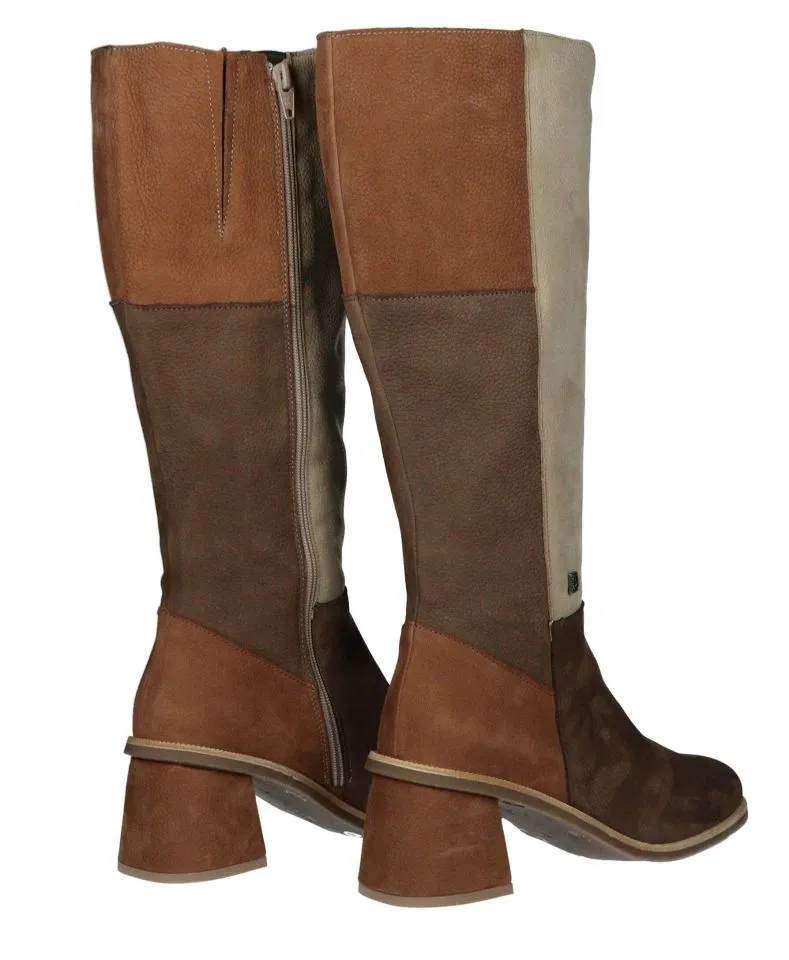 Brown/Beige Suede High Heel Boots with Mid Heel and Top Opening