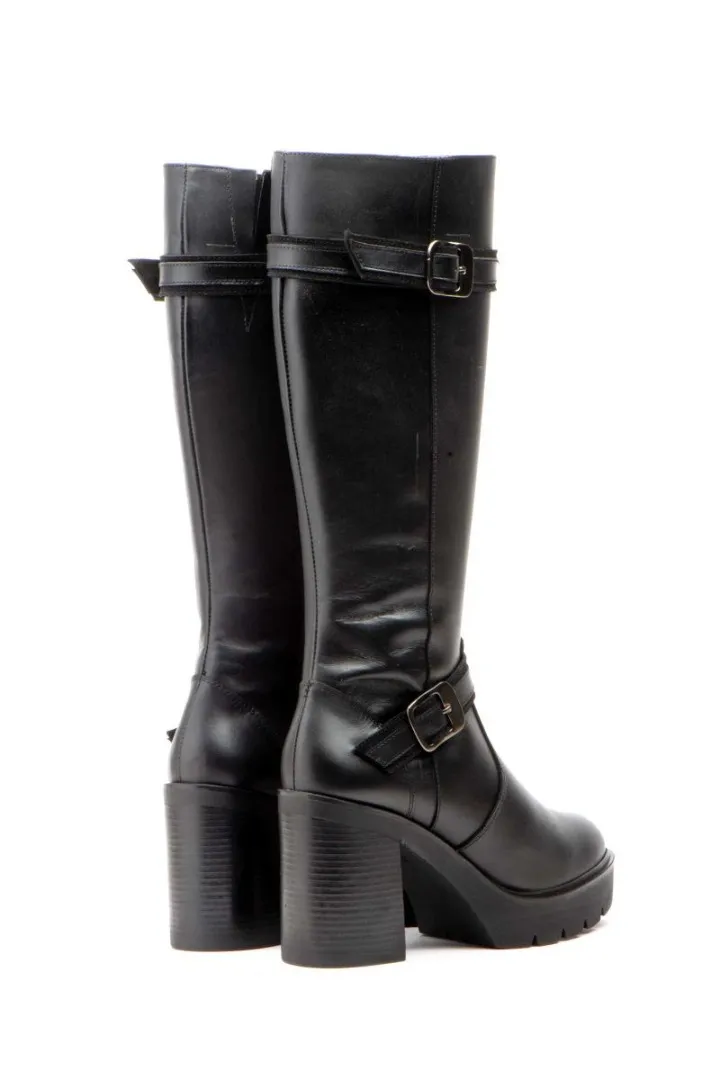 Botas Mujer Piel Negro Hebillas Tacón Alto